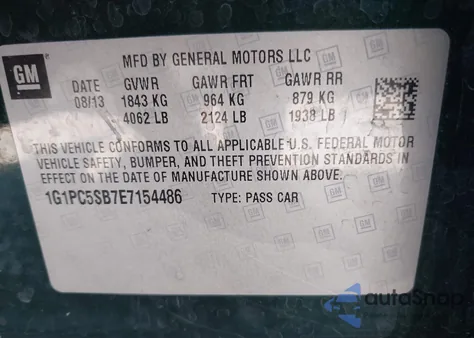 2014 Chevrolet Cruze 1Lt Auto из США, поврежденный, VIN 1G1PC5SB7E7154486